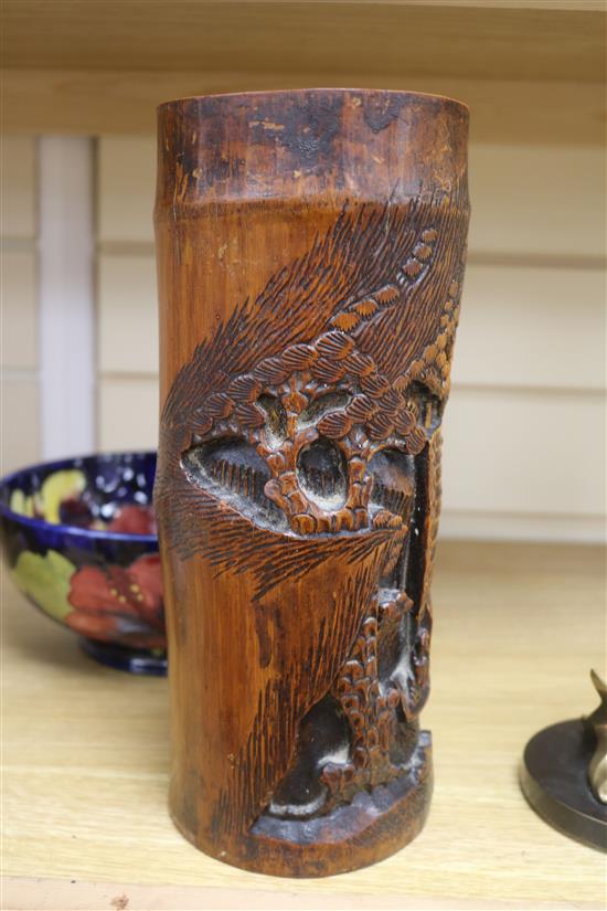 A Chinese wucai jar, a prunus and cracked ice vase and a bamboo brush pot tallest 32cm